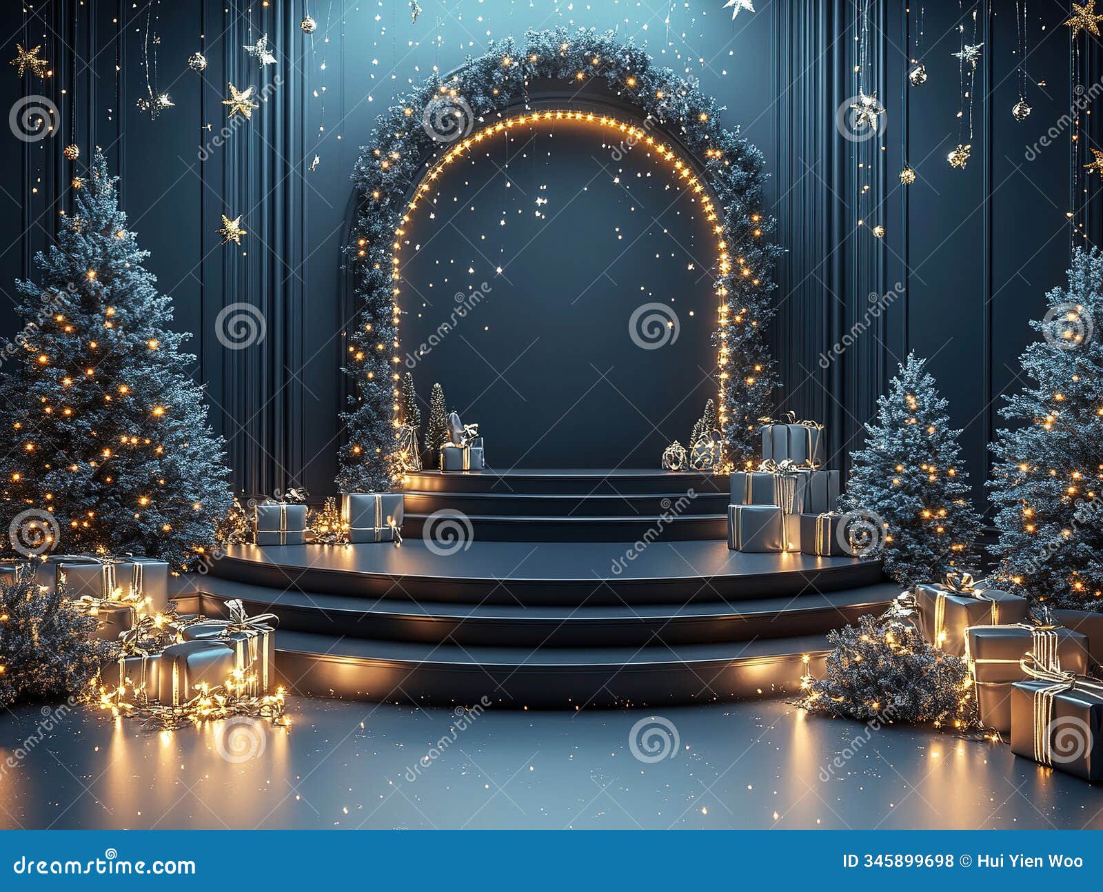 snowing christmas tree wreath decoration stage showcase presentation perform empty copy space background.