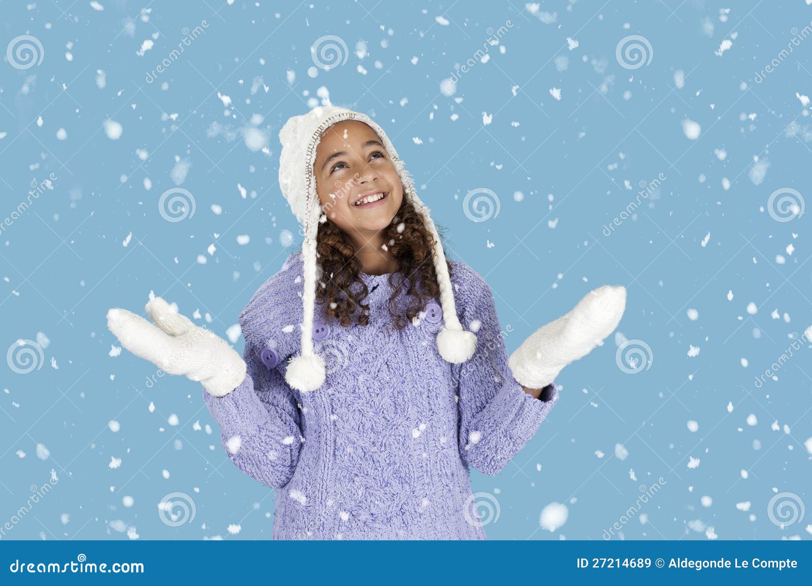 Snowing on Girl with Winter Hat and Gloves, Stock Image Image of