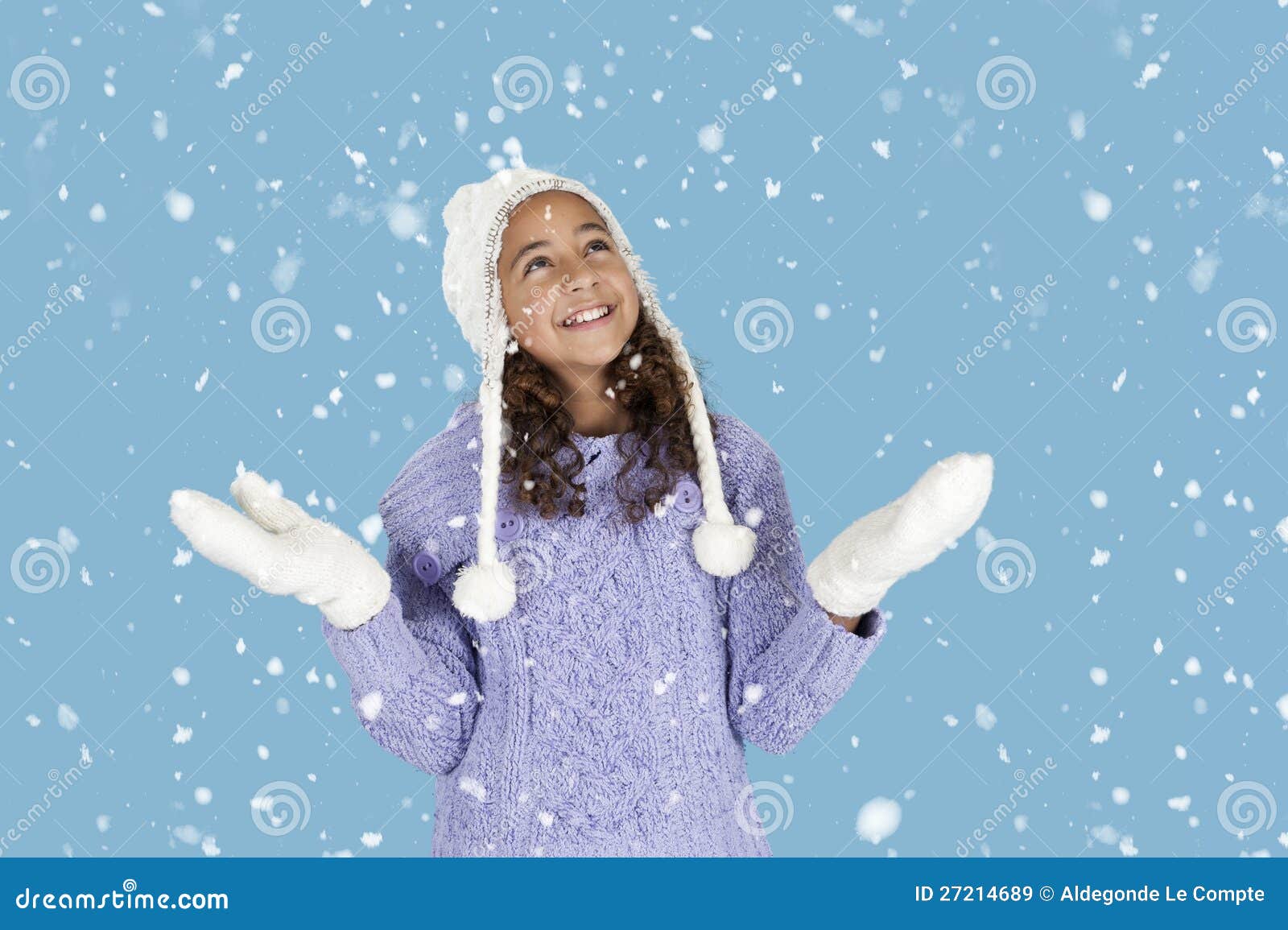 Snowing on Girl with Winter Hat and Gloves, Stock Image - Image of ...
