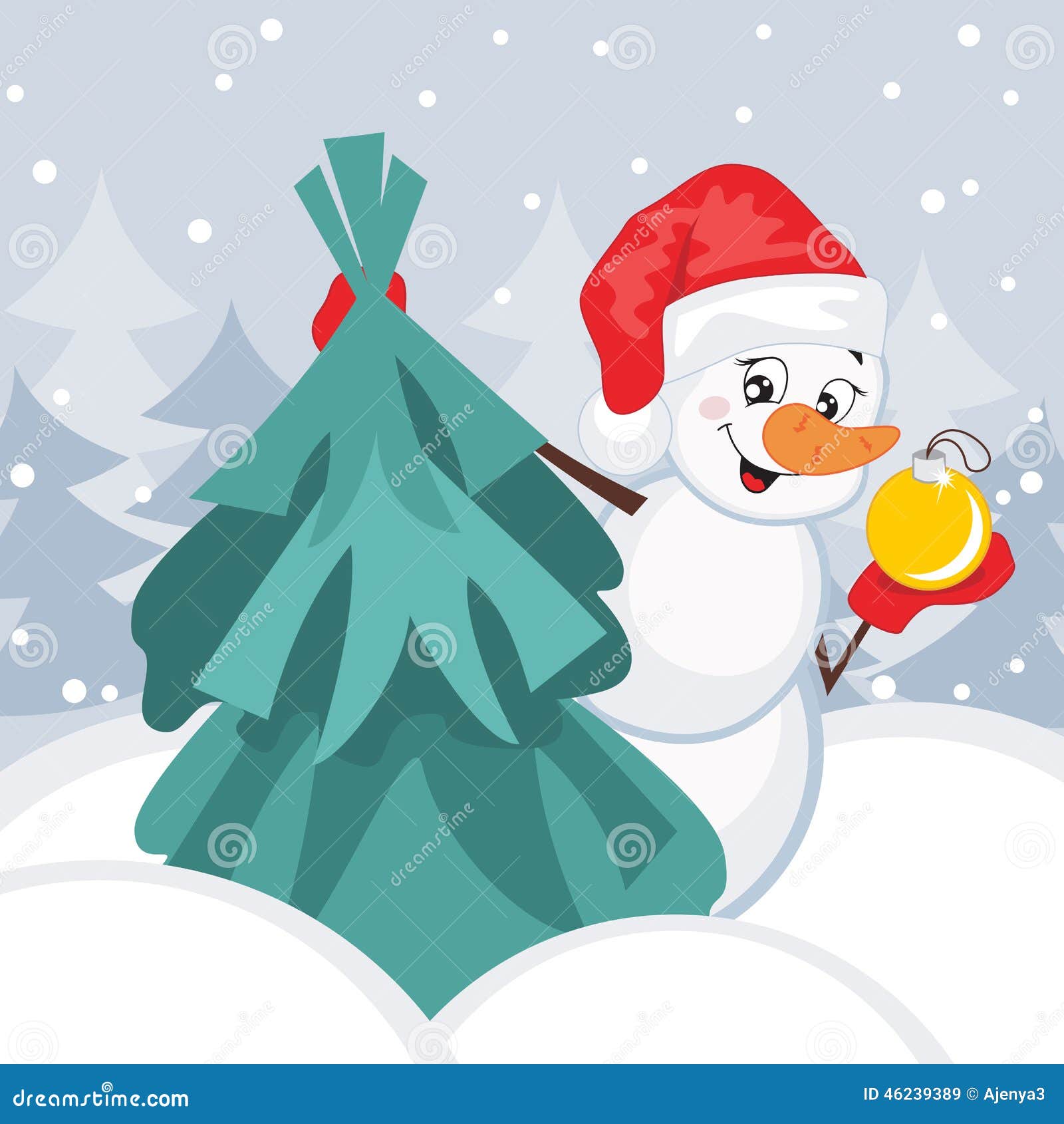 Snowman and Christmas Tree. Vector Illustration Stock Illustration