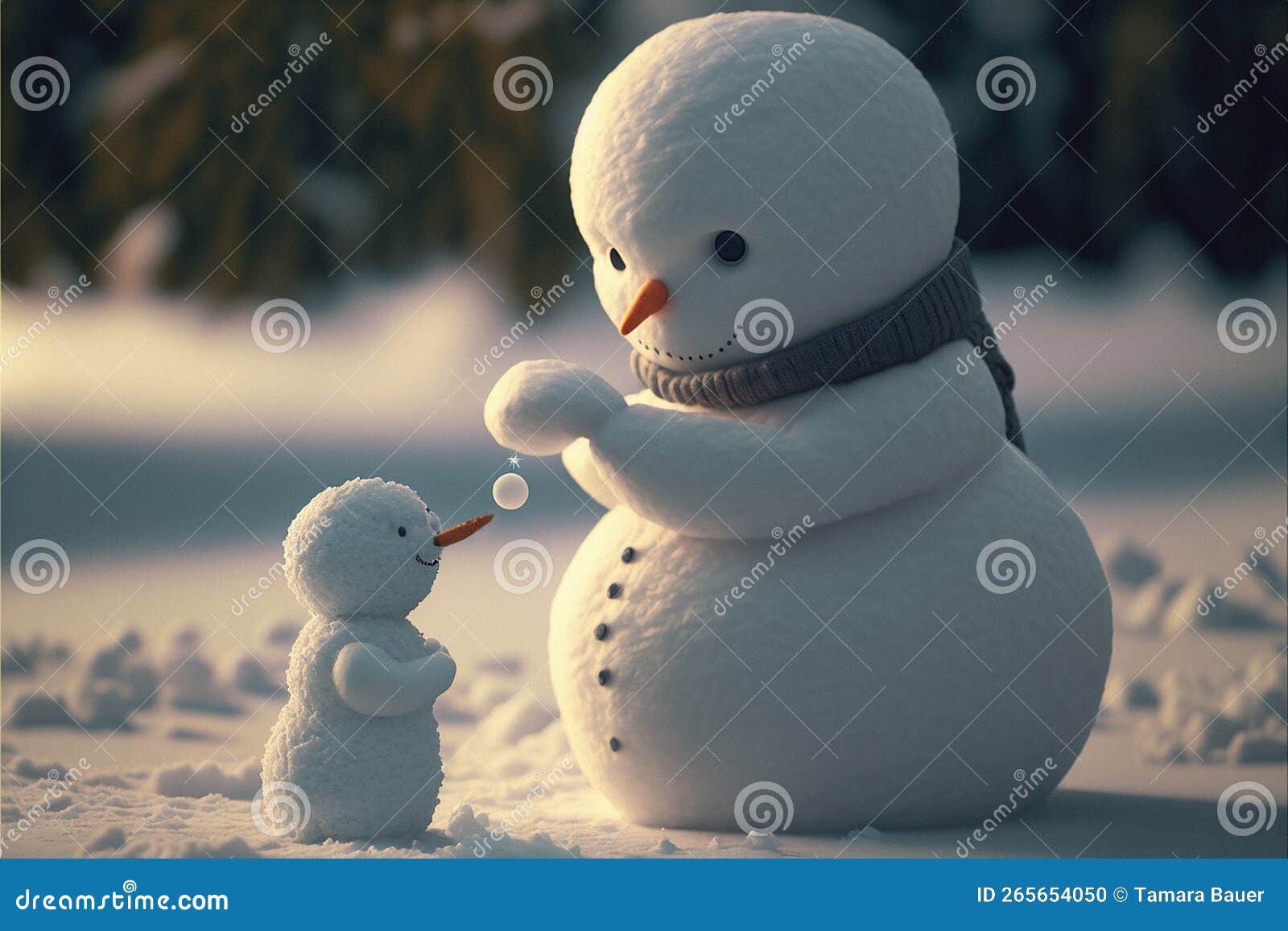 snowman playing with a smaller snowman in winter