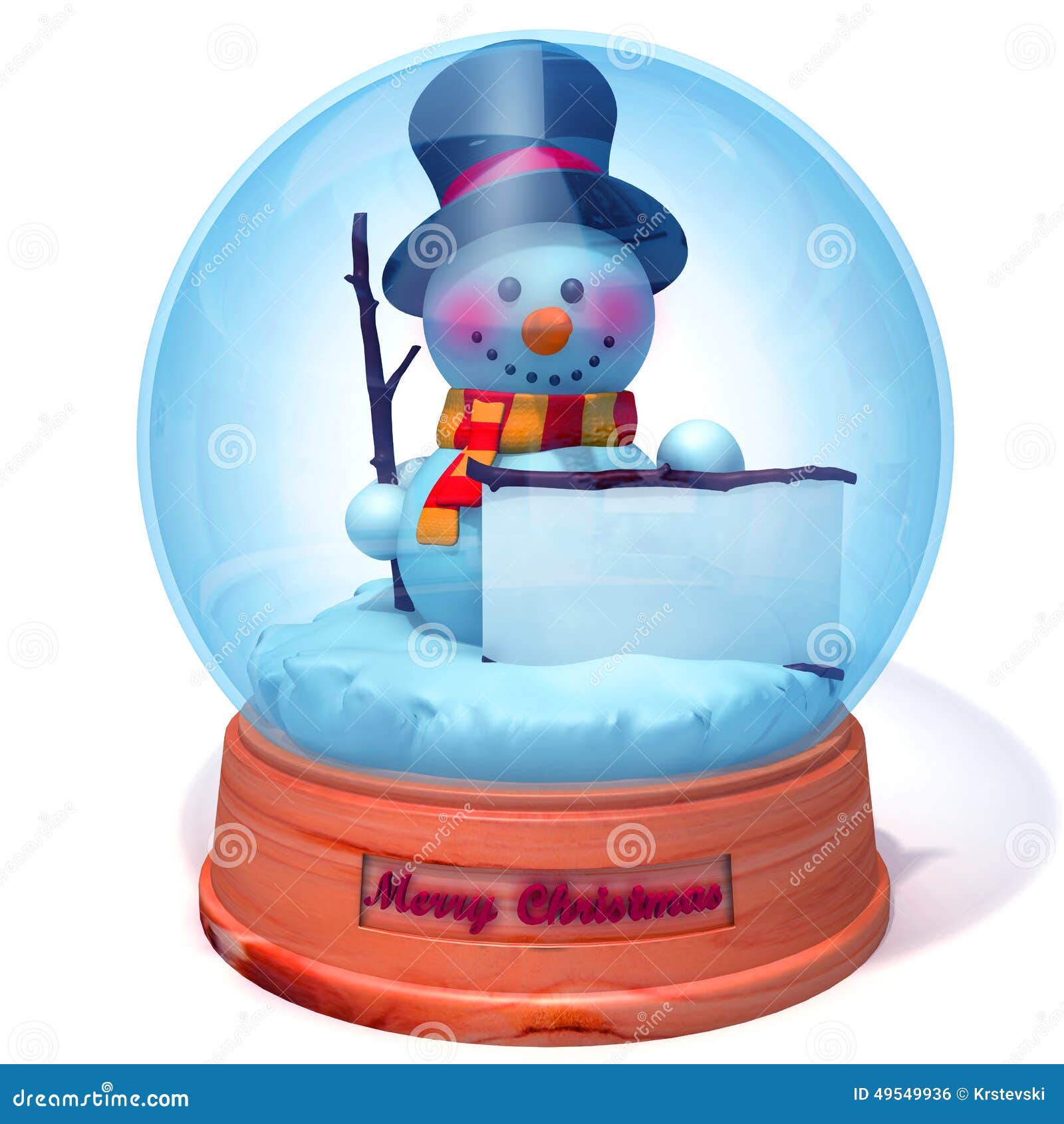 Snowman in Snow Globe with White Panel 3d Illustration Stock
