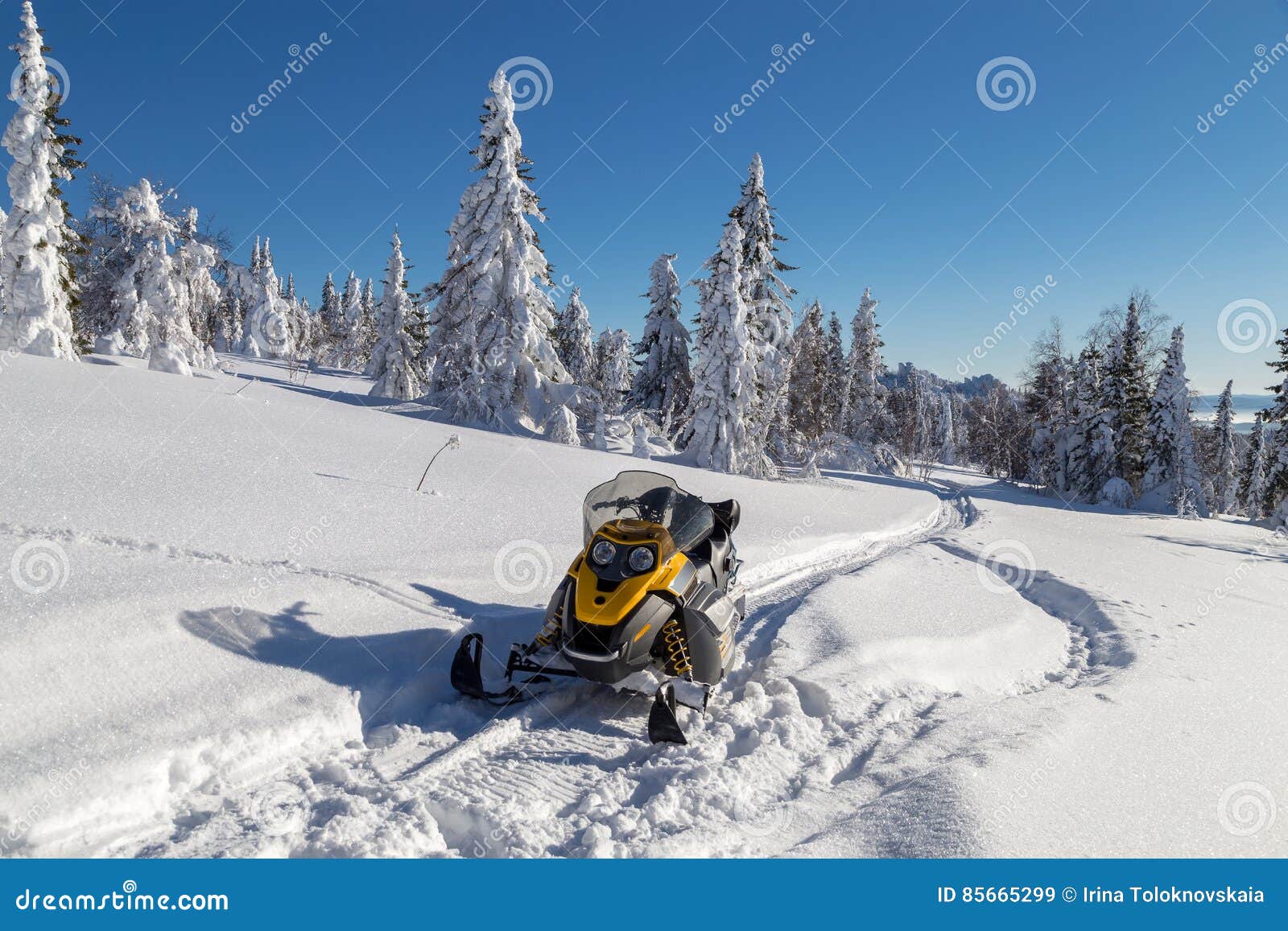 Snowmobile in forest stock image. Image of development 85665299