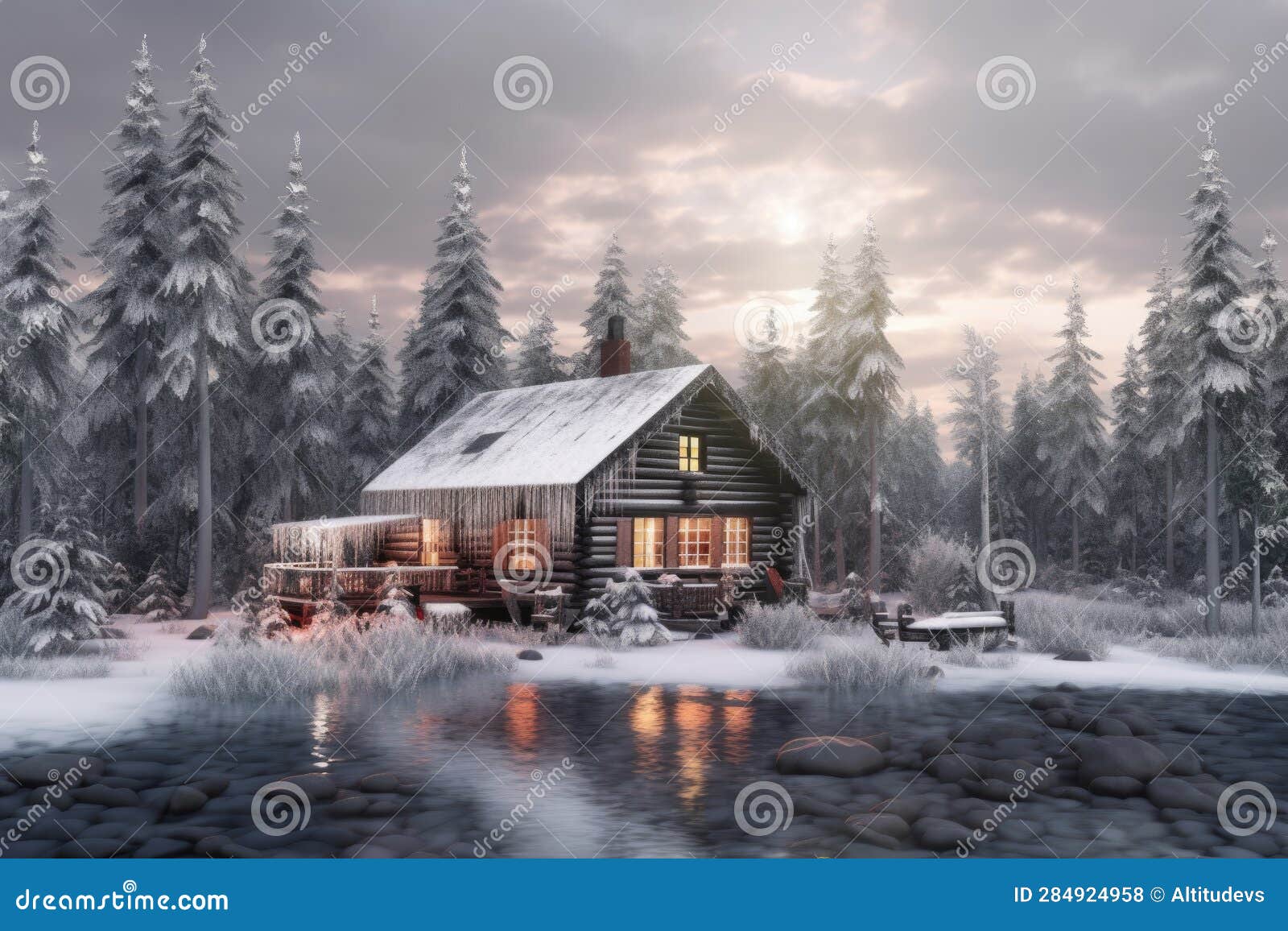 snowy cabin surrounded by frosty pine trees