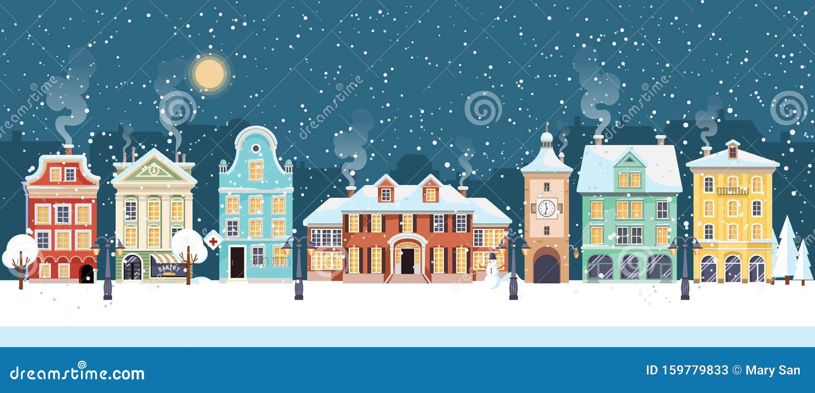 Download Snowy Christmas Night In Cozy Town City Panorama. Winter ...