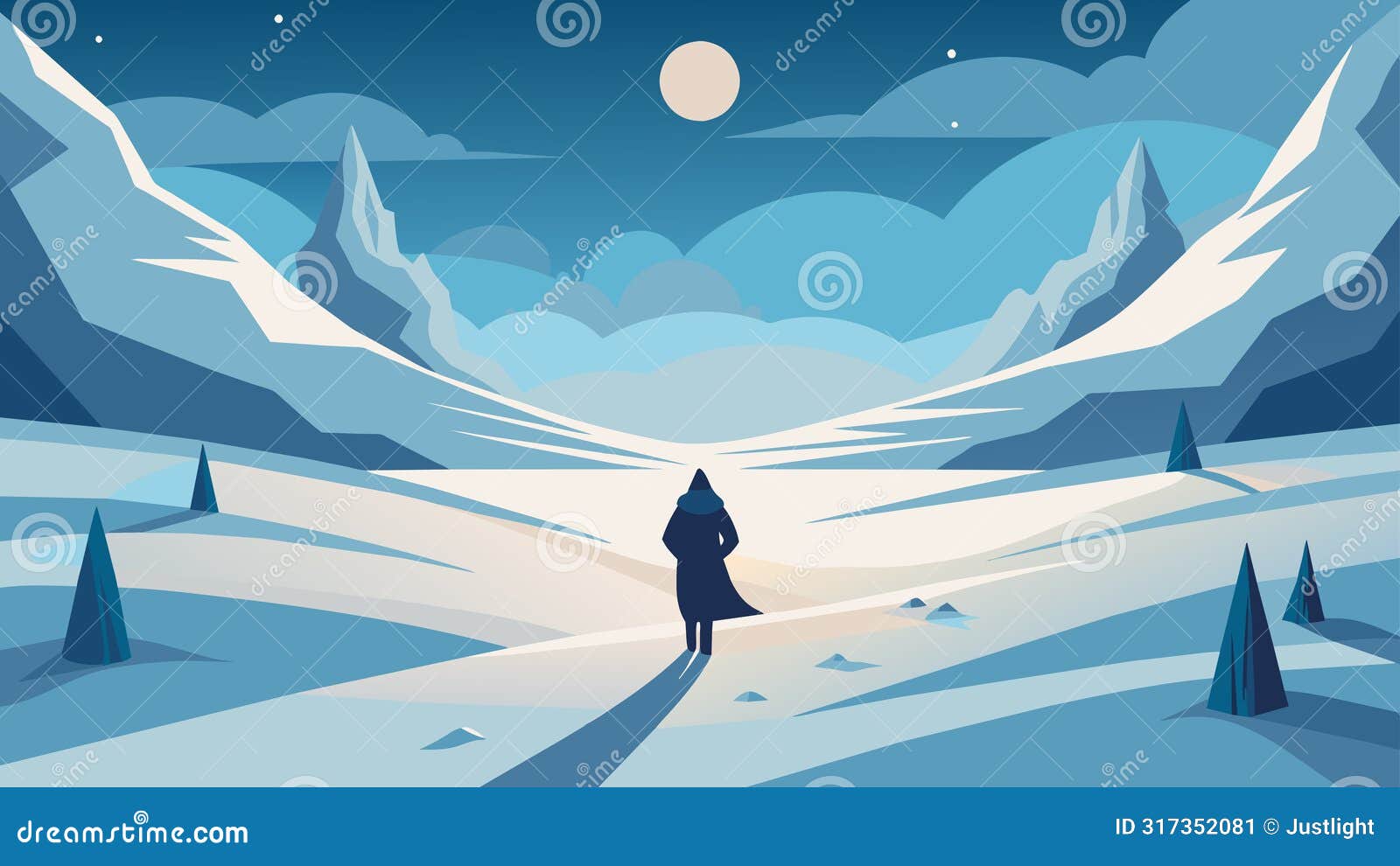 a snowy landscape with a lone figure peacefully walking through embodying the calm of stoicism in the face of harsh