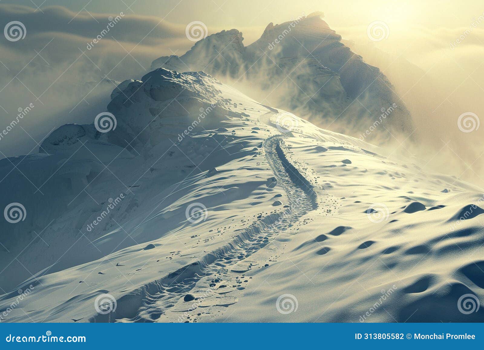 snowy mountain defile, narrow trail, early morning light, side angle, untouched snow, pristine