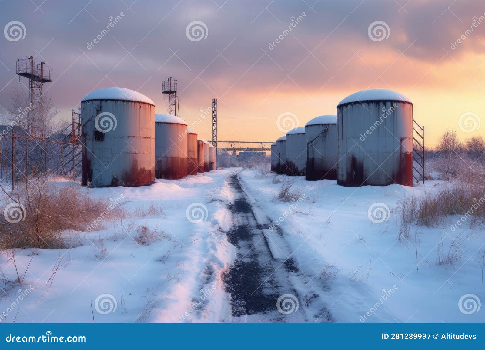Snowy Path Leading To Empty Fuel Storage Tanks Stock Image Image of