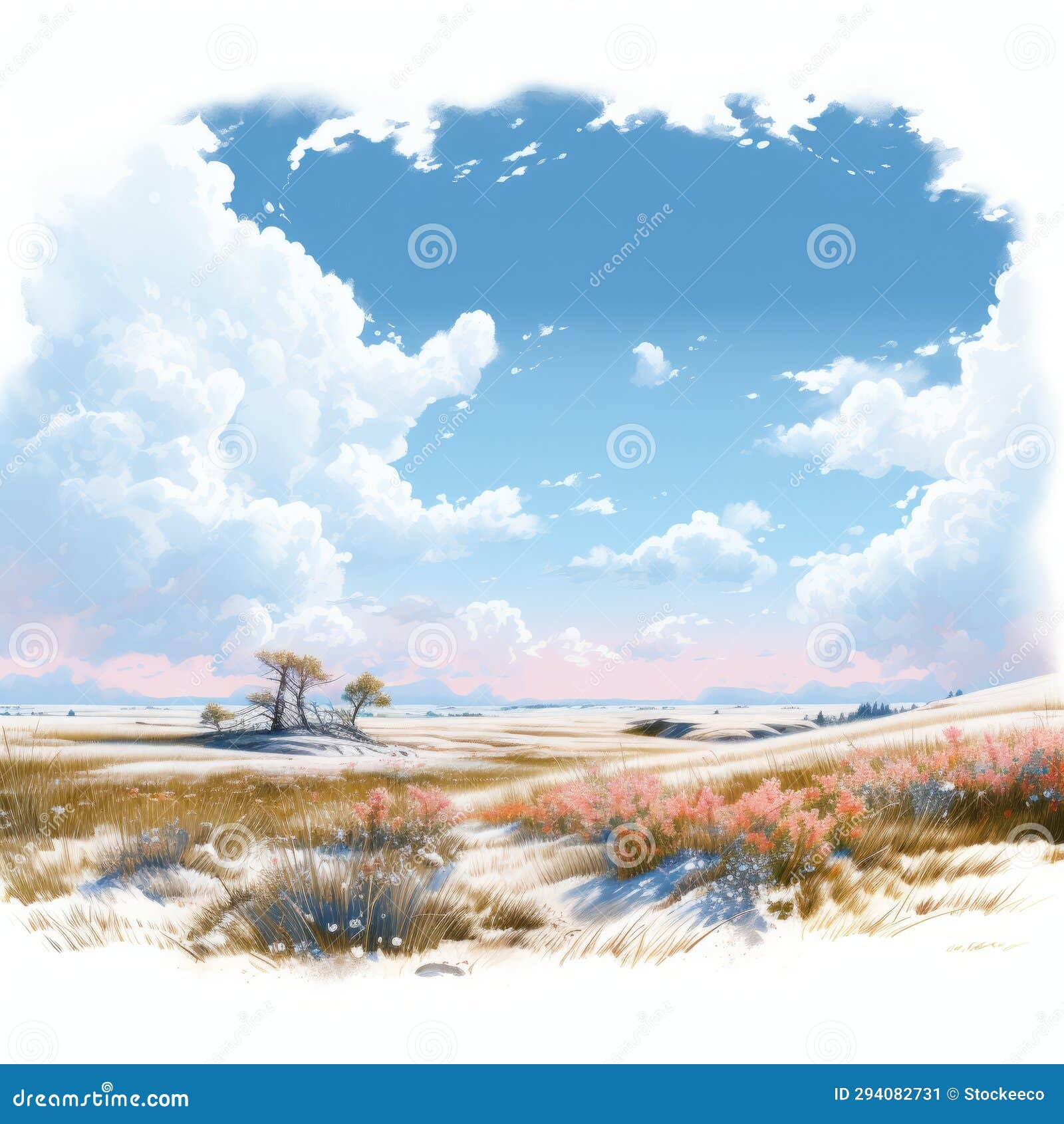 snowy prairie: a romanticized view of blooming flowers and trees