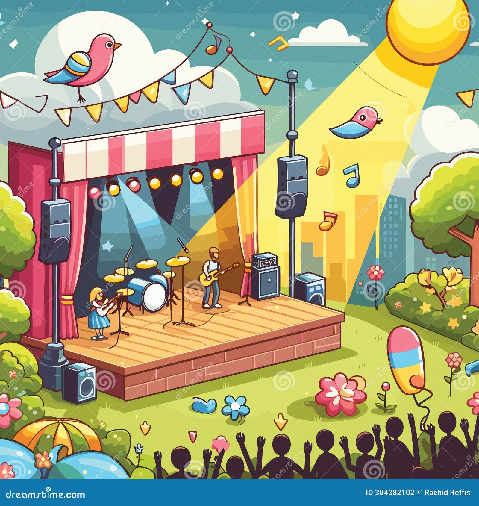 summer vibrancy in an outdoor musical festival with lively stage spotlights and music