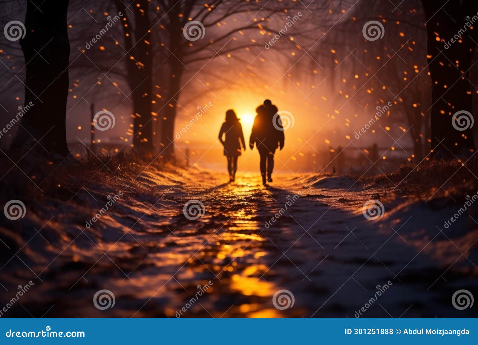 snowy twilight person strolls along a road at winter sunset