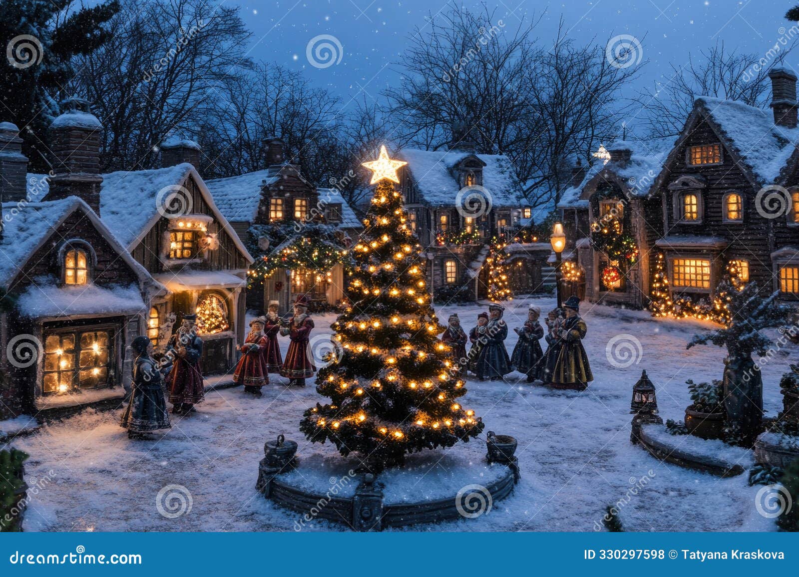 a snowy village with christmas lights and carolers singing joyfully