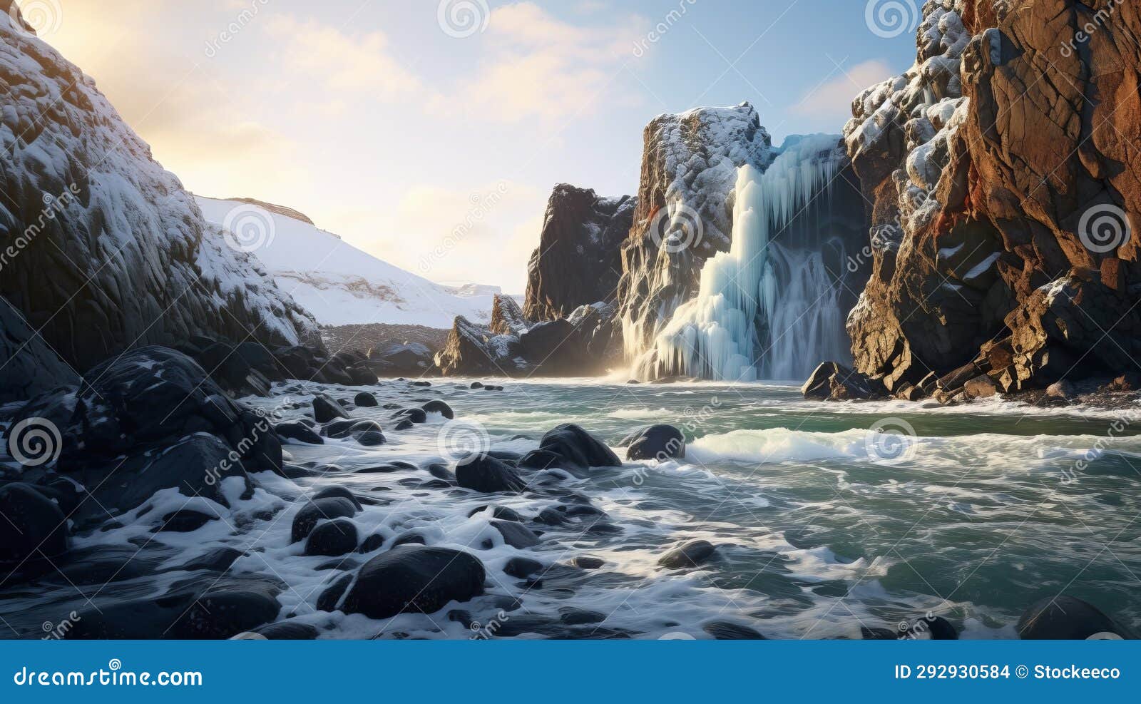 snowy waterfall in the arctic: unreal engine rendered stock photo