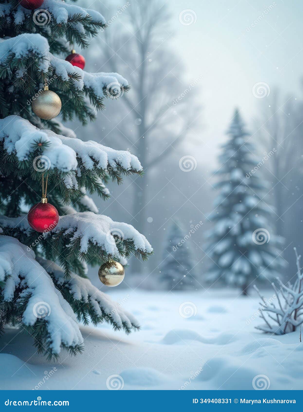 snowy winter christmas scene with snow covered christmas tree decorated with golden, red ornaments. soft light falls on