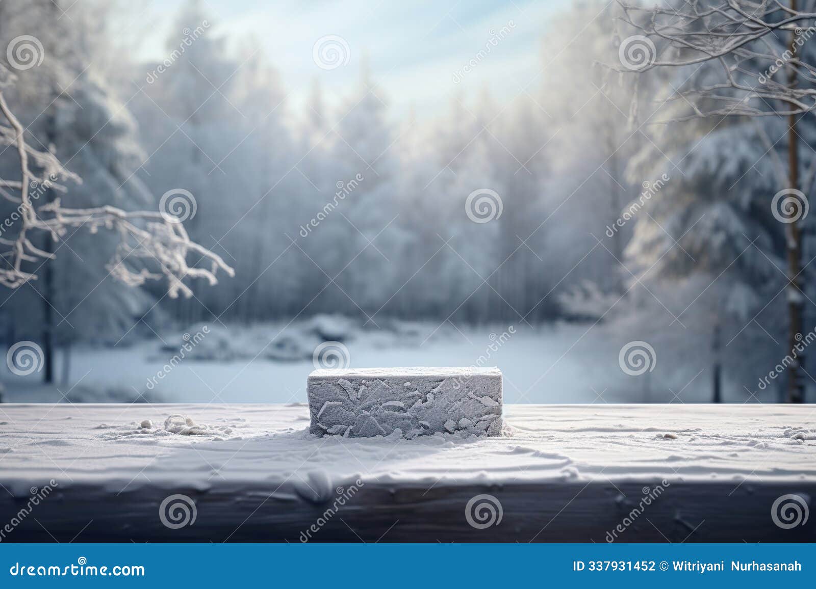 snowy winter forest with a concrete block