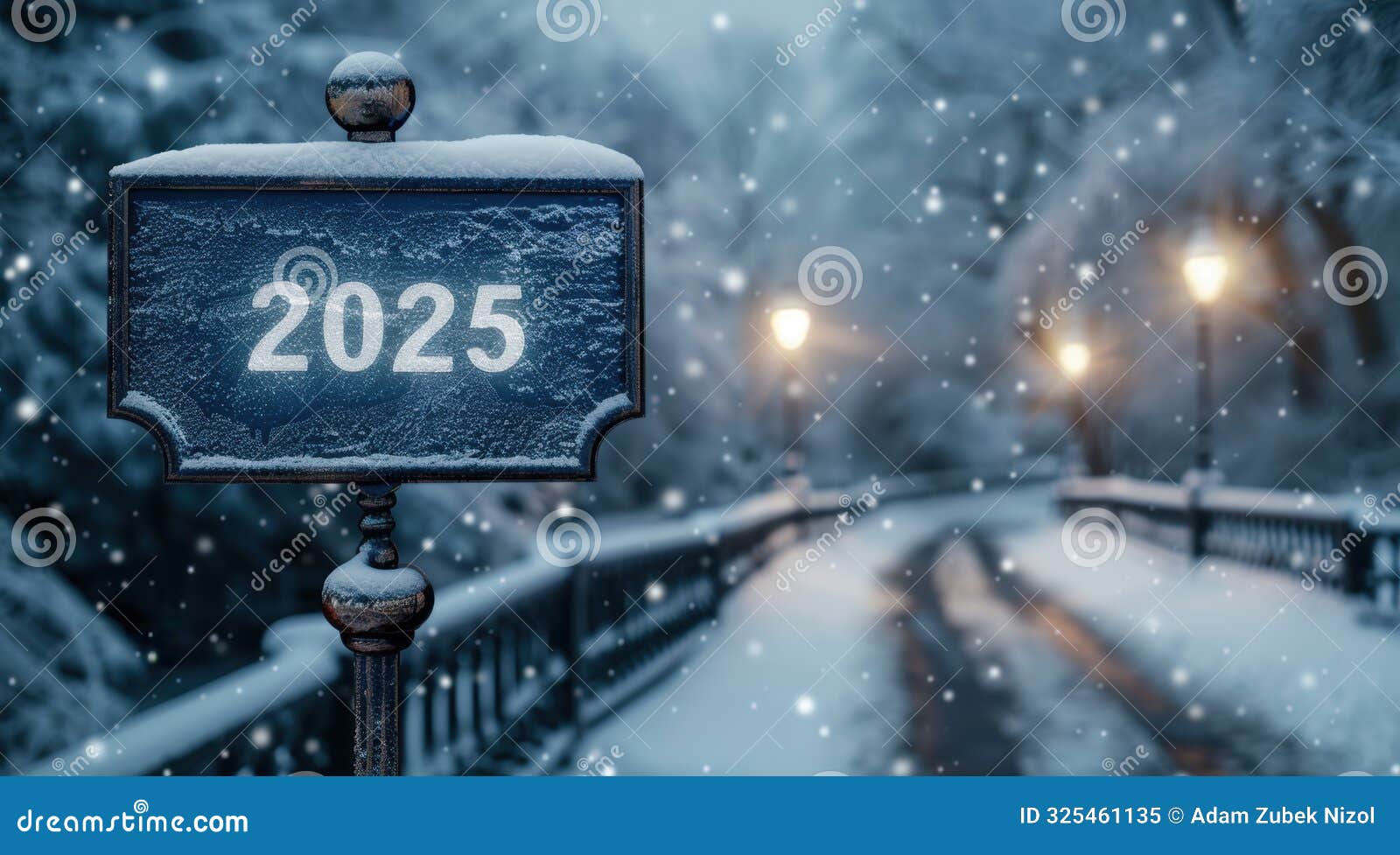 snowy winter scene with 2025 sign