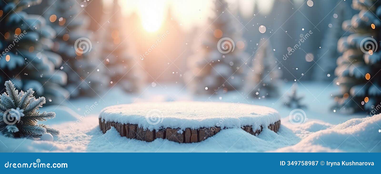 snowy winter wonderland scene with christmas podium. falling snowflakes create festive atmosphere. snowy trees, lights create