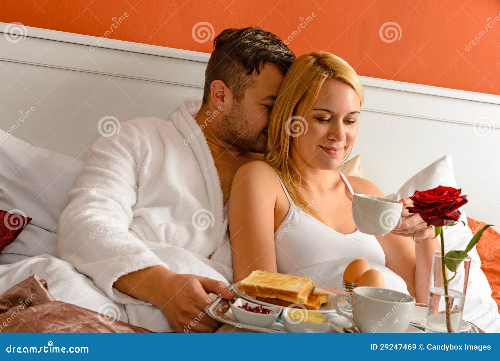 Snuggling Couple Romantic Morning Bed Drinking Coffee Stock Image ...