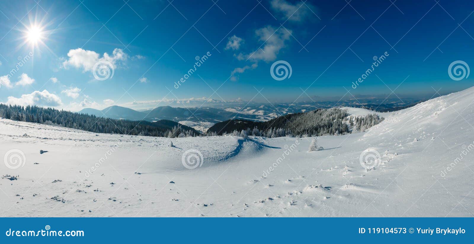 Snöig landskap för Sunshiny vinterberg. Sunshiny landskap för panorama för berg för morgonvinterstillhet med härliga glasyr på kakaträd och snödrivor på Carpathian berg för lutning, Ukraina