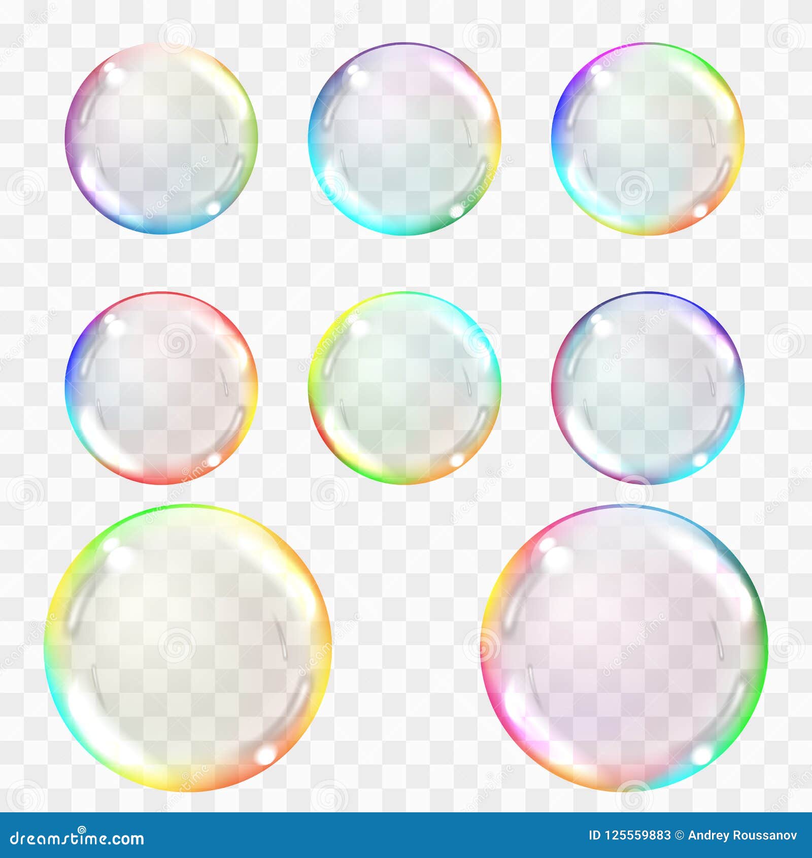 soap bubble. set of multicolored transparent bubbles with glares