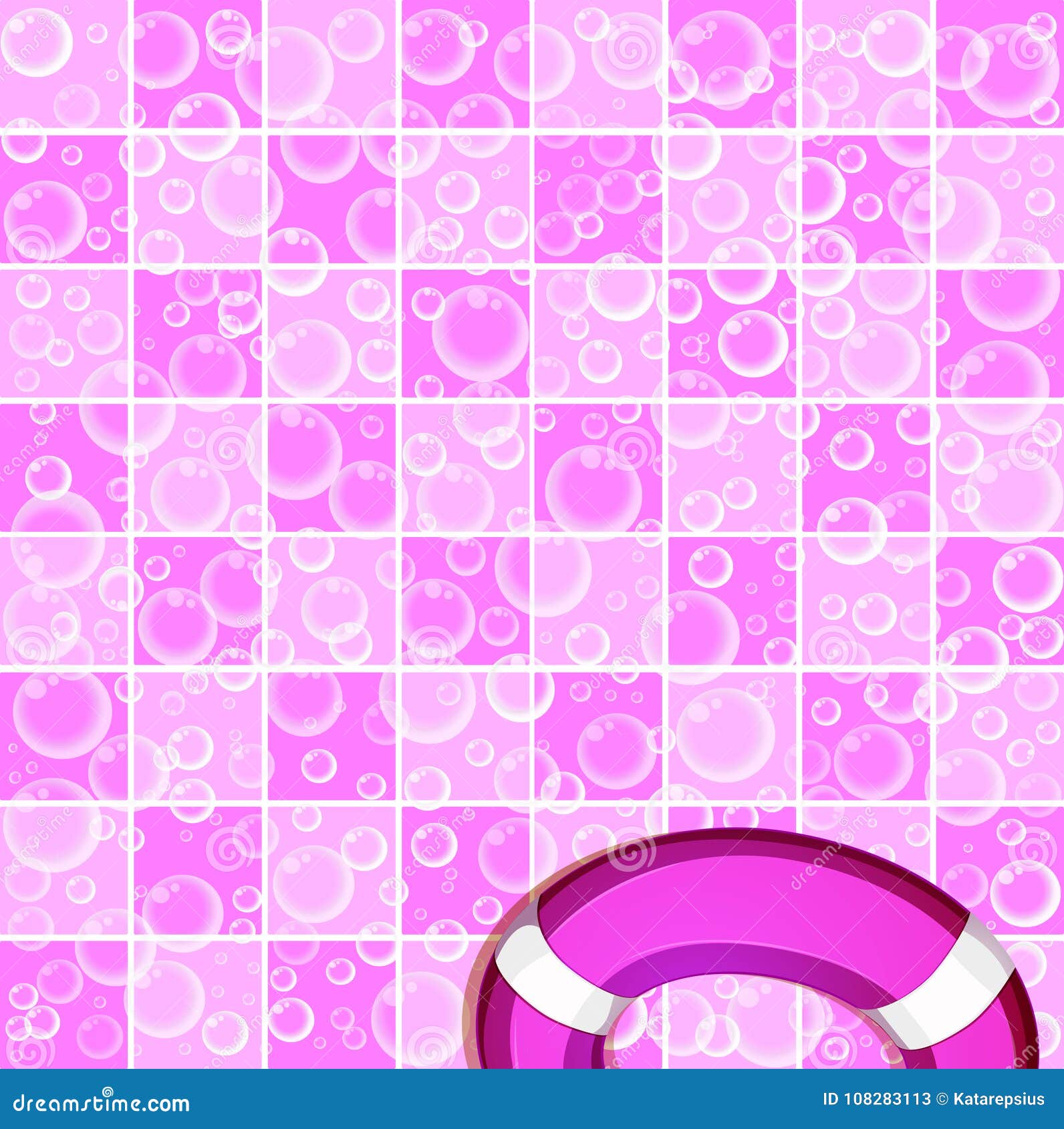 soap bubbles on tiled pinkl background and life buoy