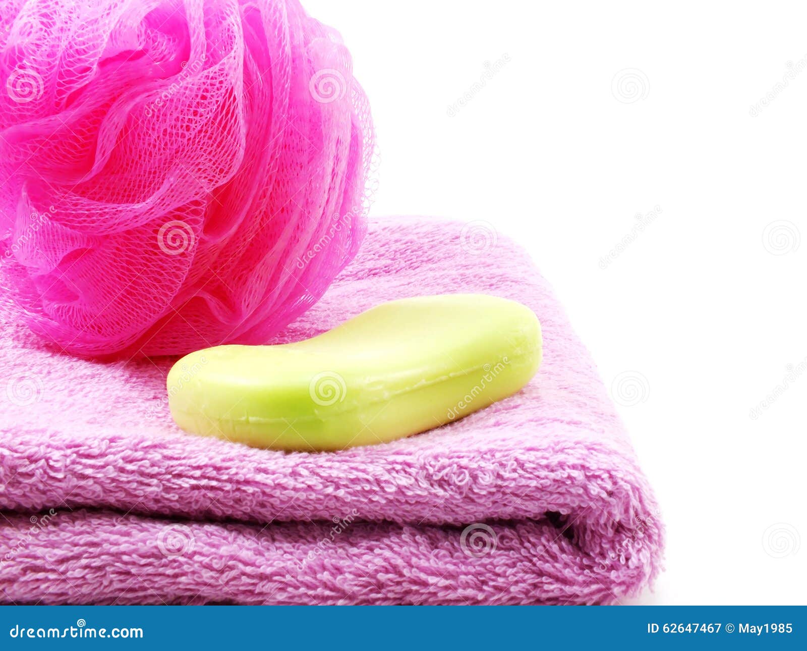 Soap and plastic bath puff stock image. Image of textured 62647467