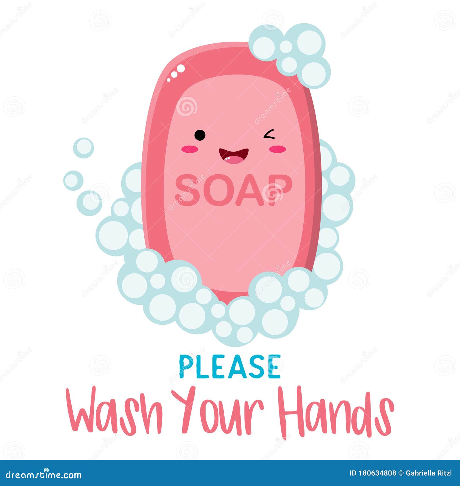 Cute Soap with Please Wash Your Hands Title and Bubbles Stock Vector