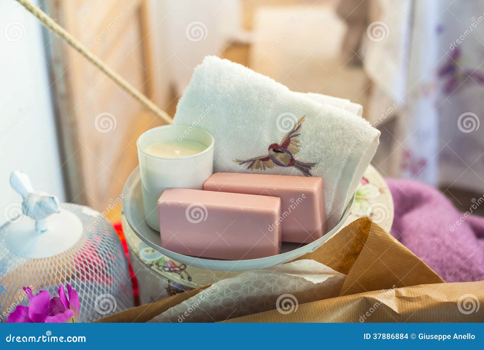 Soaps and towel stock photo. Image of clean, purity, bird 37886884