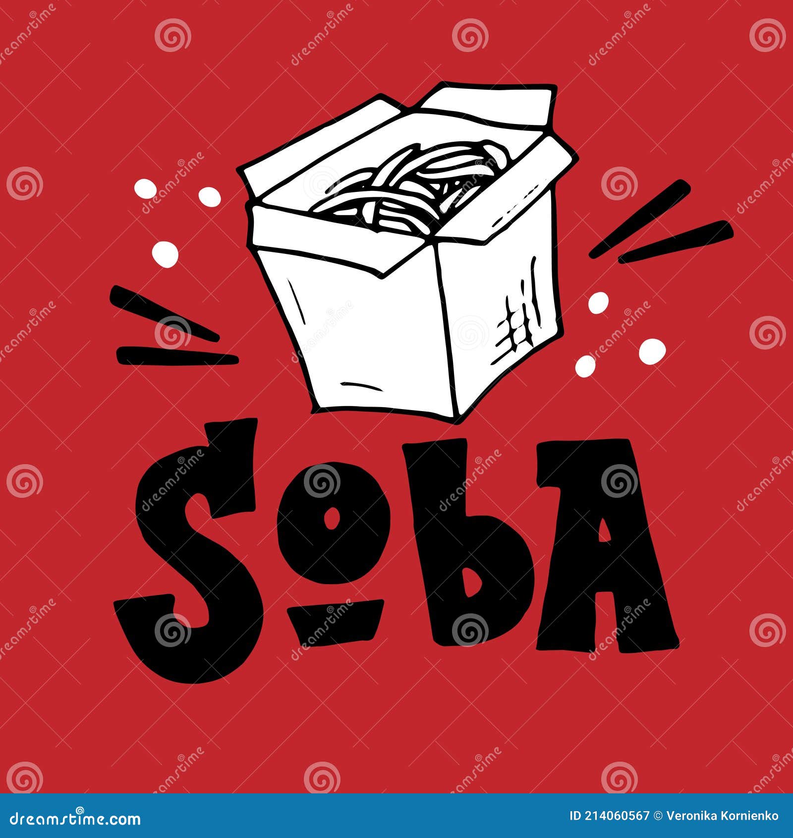 soba  text poster for fast food restaurant. lettering font menu logo with box to go. handwritten phrase . 