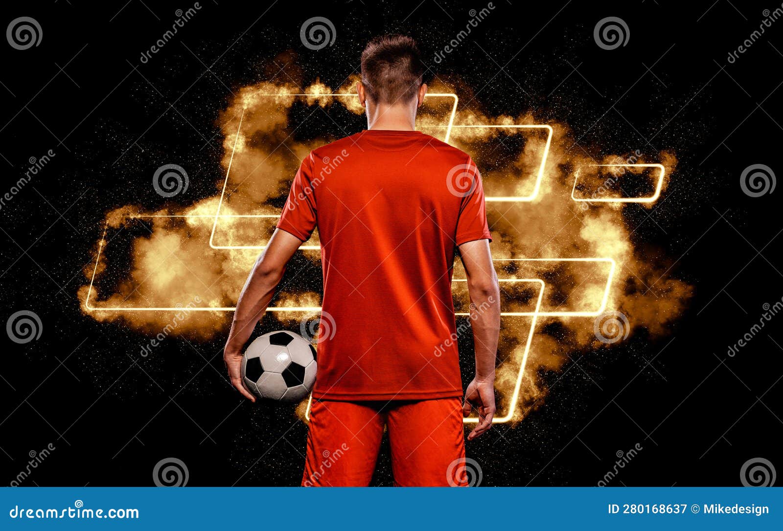 Socccer concept. Sports betting on football. Design for a bookmaker.  Download banner for sports website. Soccer player winner on a fiery  background Stock Photo