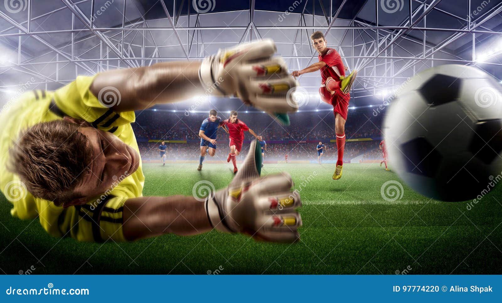 soccer action on 3d sport arena. mature players fight for the ball.