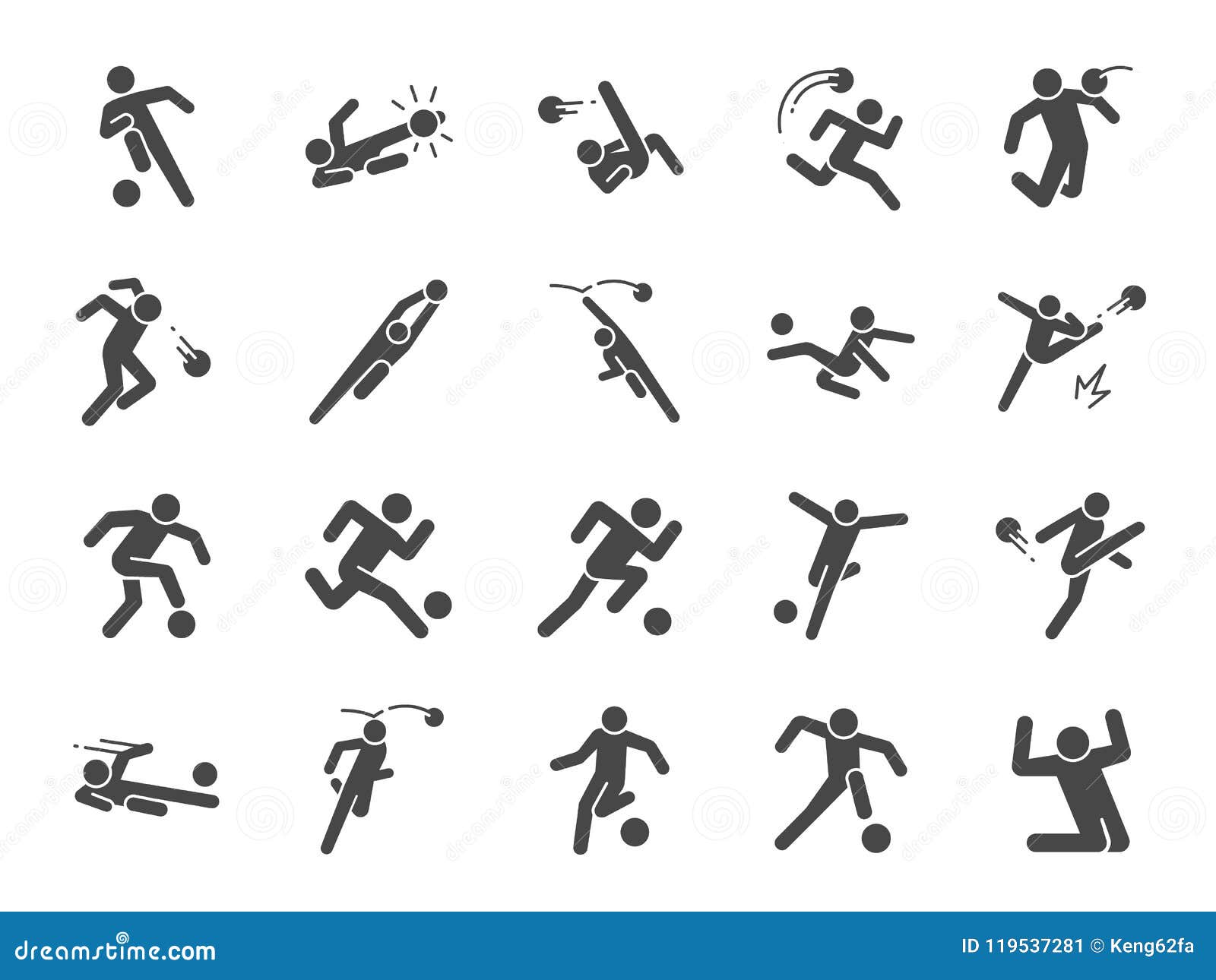 soccer in actions icon set. included icons as football player, goalkeeper, dribble, overhead kick, volley kick, shoot and more.