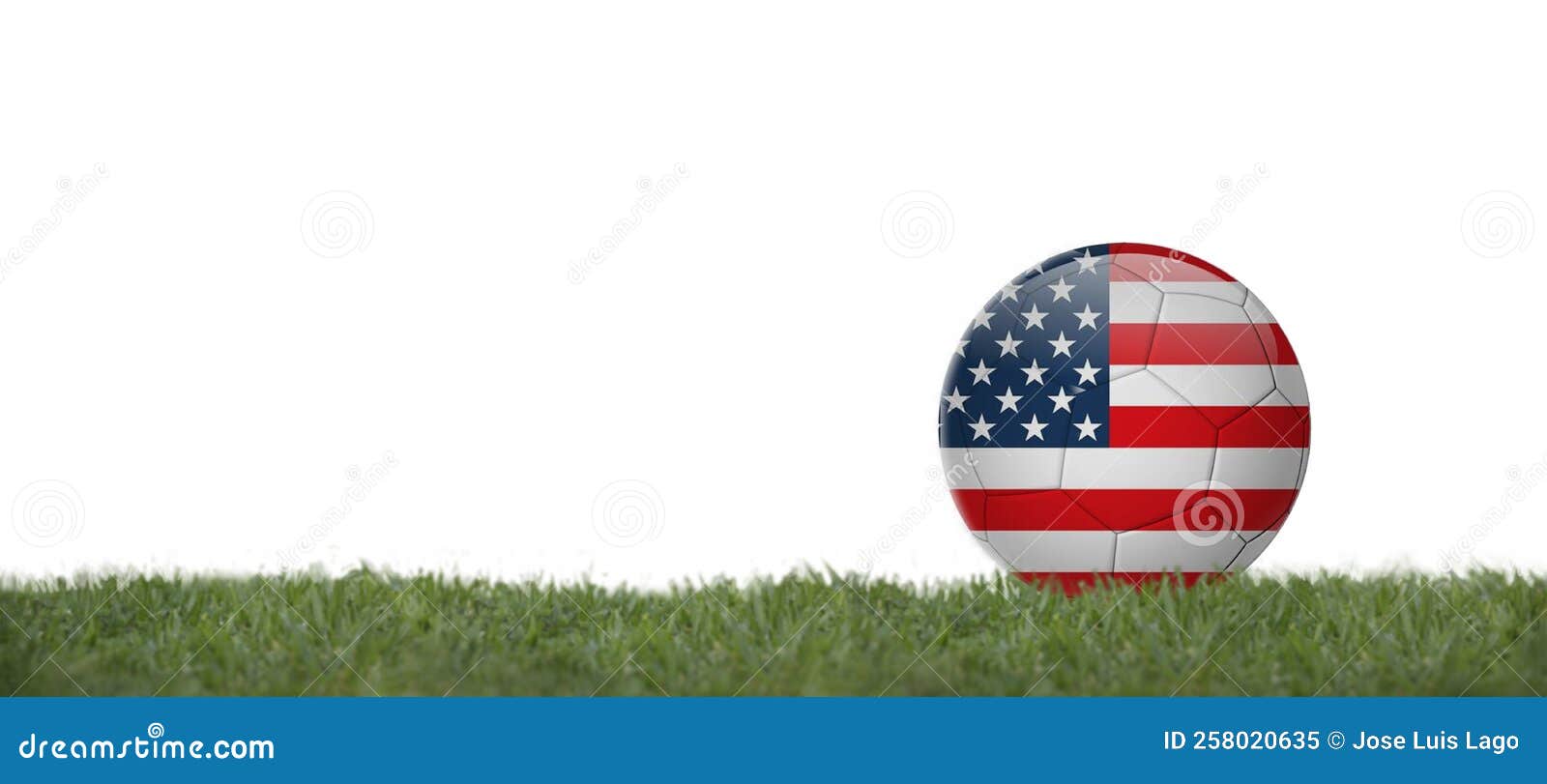 soccer ball with ee.uu flag on grass, copy space with white background