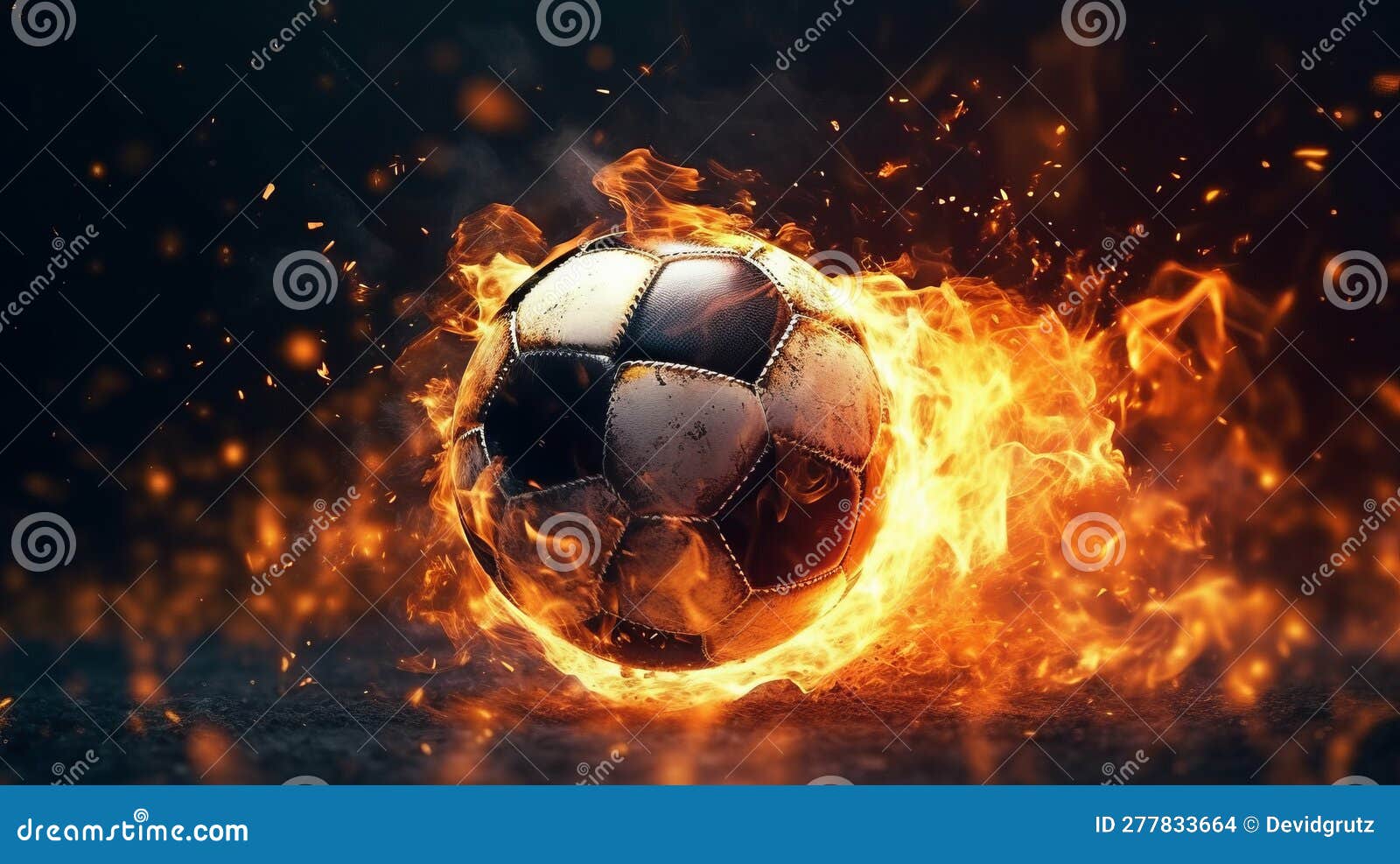 Soccer Ball on Fire on a Black Background. Generative AI Stock