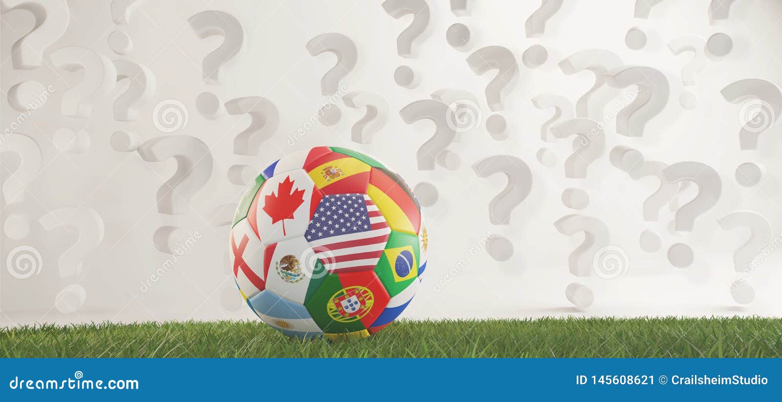 Soccer Ball Flags with Question Marks Overlay 3dillustration Stock