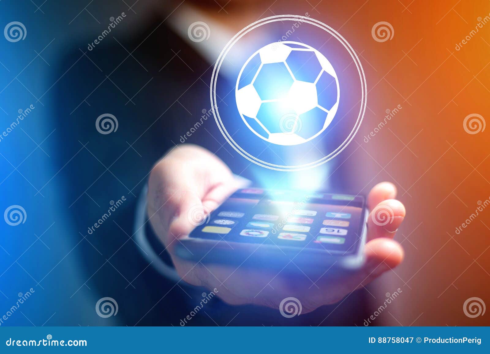 Soccer Ball Icon Over Device Sport and Technology Concept Stock Image