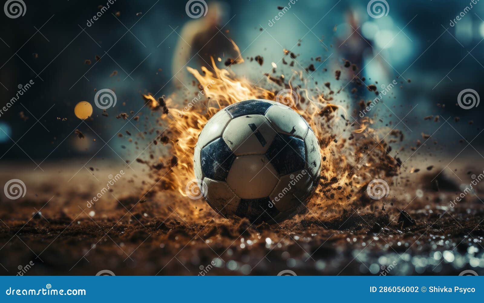 Soccer Ball Kicked by Soccer Player on Muddy Area Generative AI Stock