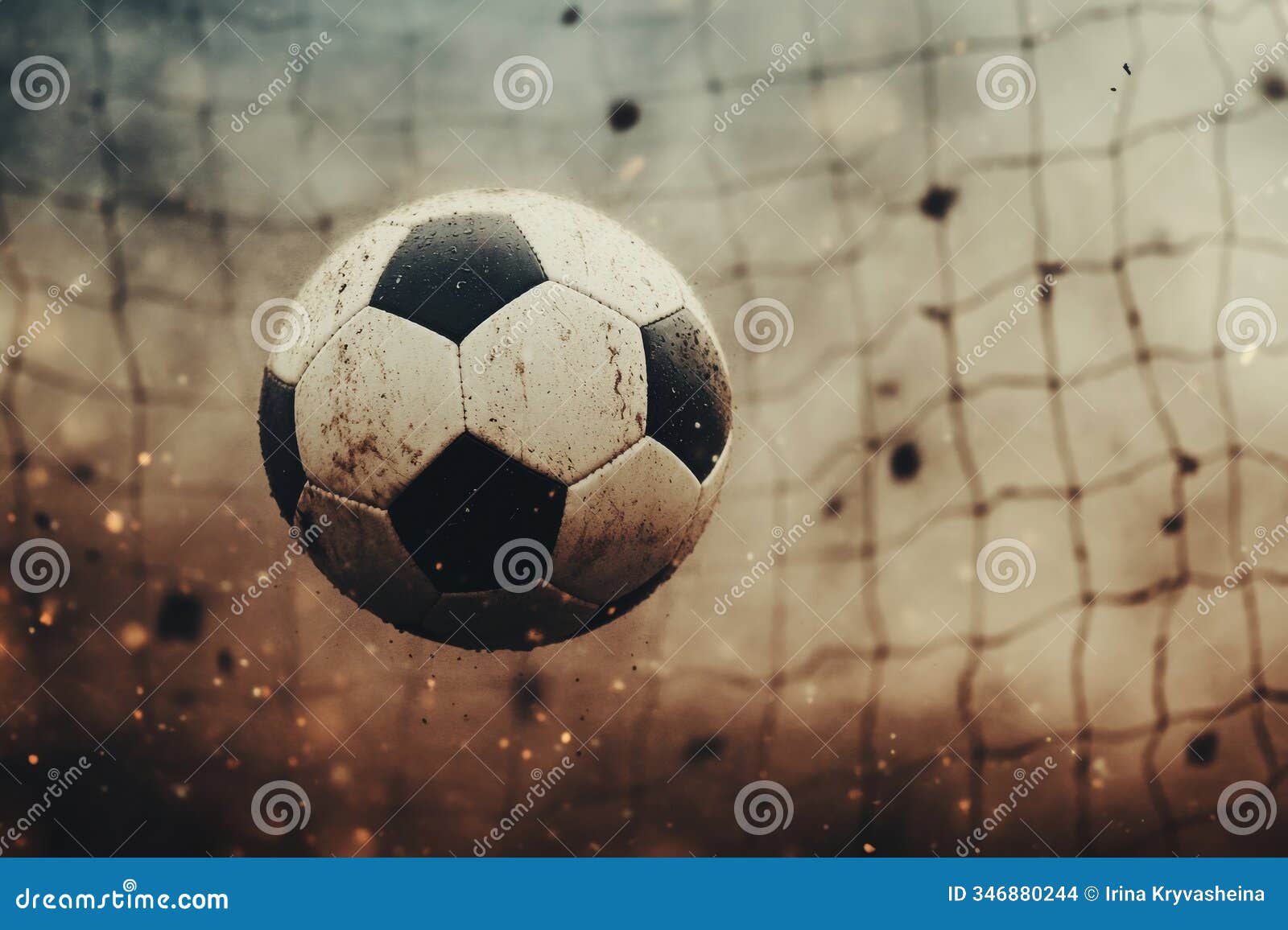 soccer ball mid flight toward goal in an intense match atmosphere at sunset