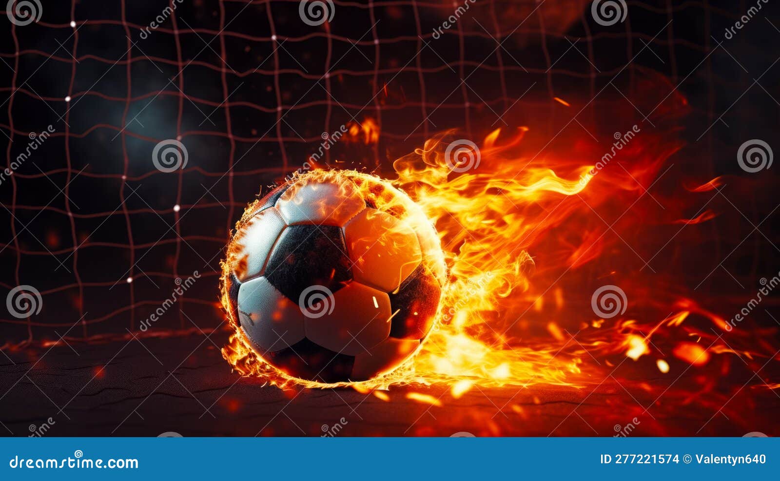 Soccer Ball is in the Middle of Fireball on Soccer Field. Generative AI