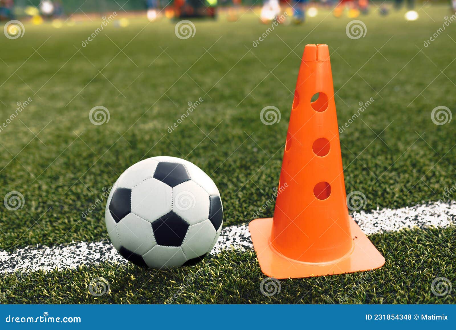 Soccer Ball and Training Cone Lying on Football Pitch Sideline