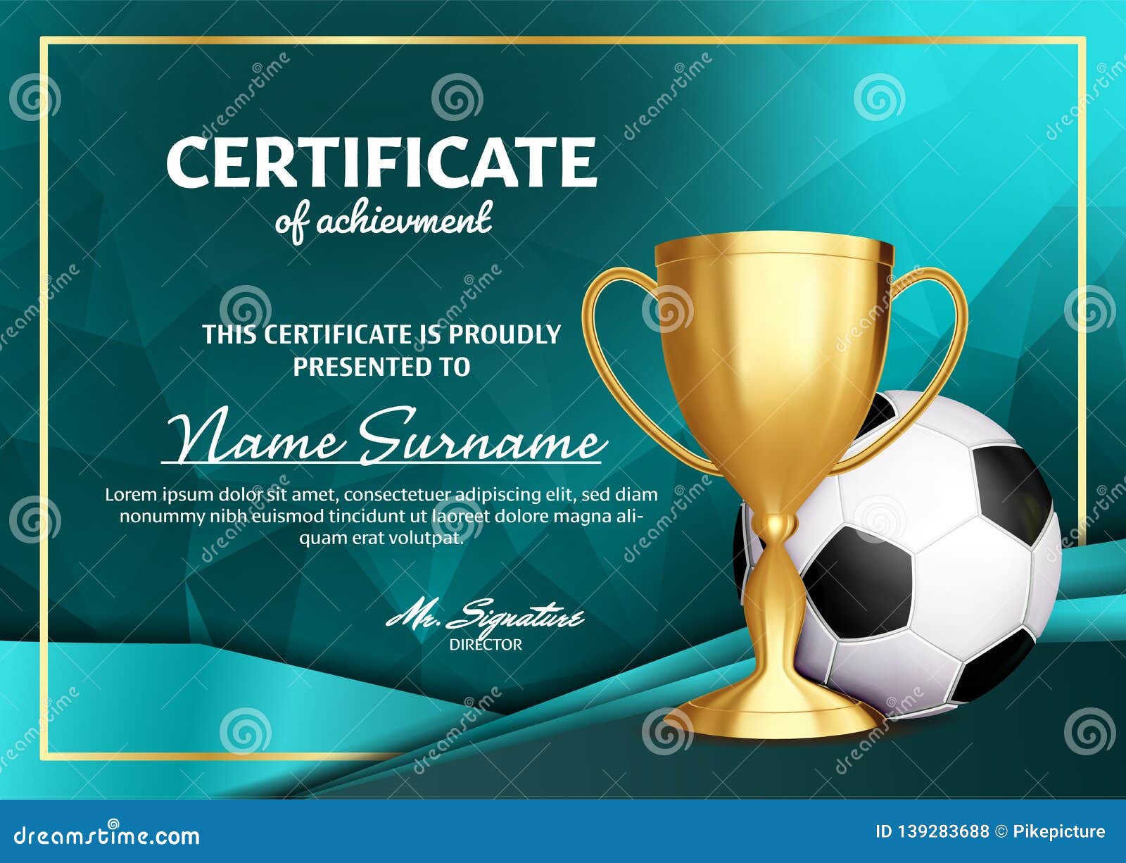 Soccer Certificate Diploma With Golden Cup Vector Football Sport Award Template Achievement Design Honor Background Stock Vector Illustration Of Modern Event 139283688