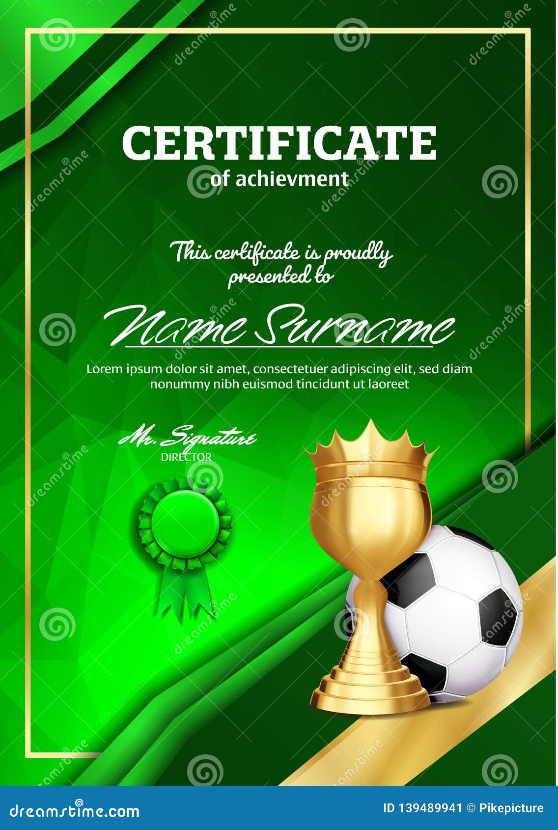 Soccer Certificate Diploma with Golden Cup Vector. Football. Sport For Football Certificate Template