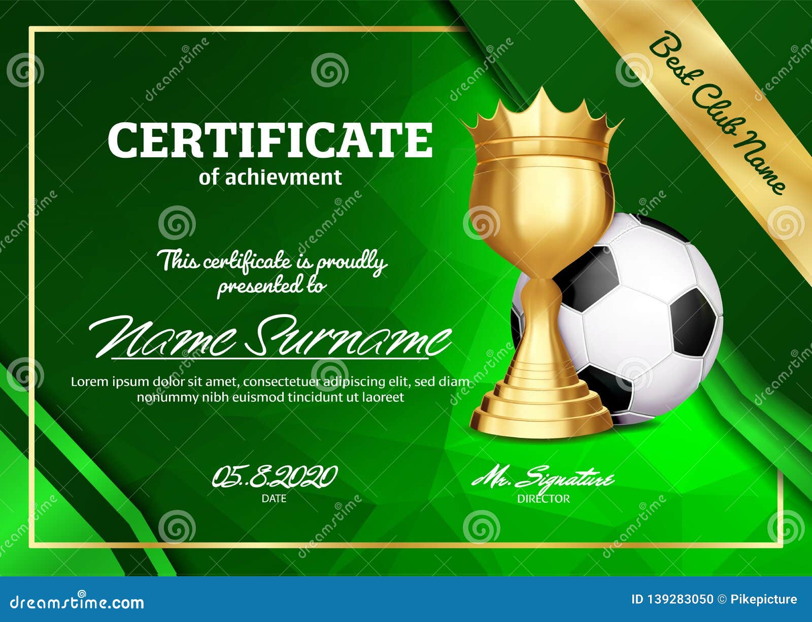 Soccer Certificate Diploma with Golden Cup Vector. Sport Throughout Soccer Award Certificate Template