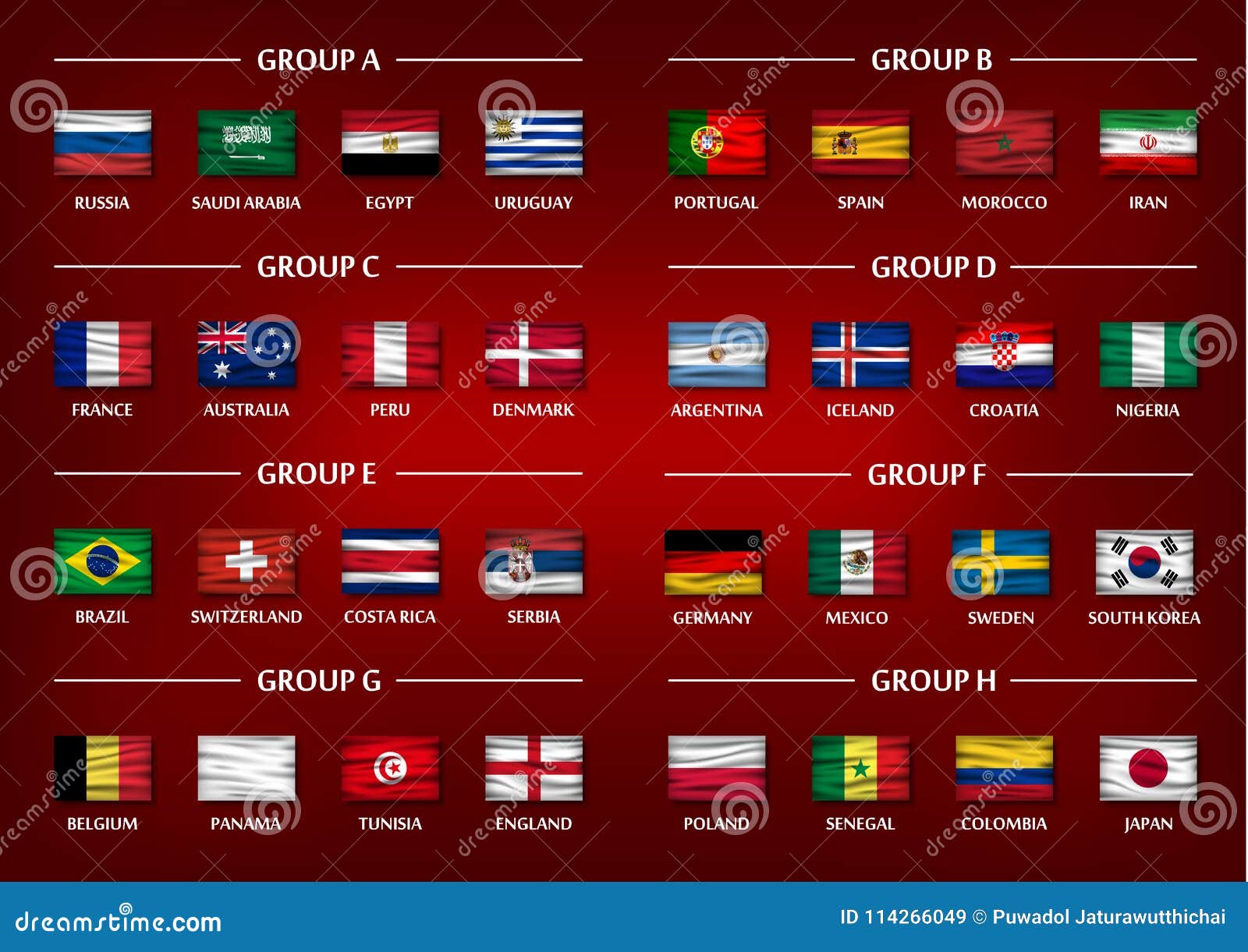 Soccer Cup Team Group Set . Realistic Wavy National Flags On Gradient