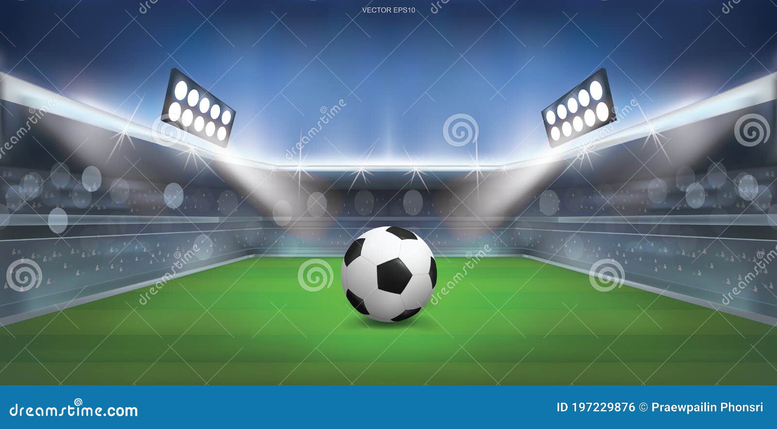 Soccer Football Ball On Green Grass Of Soccer Field Stadium Background Vector Stock Vector Illustration Of Lamp Kick