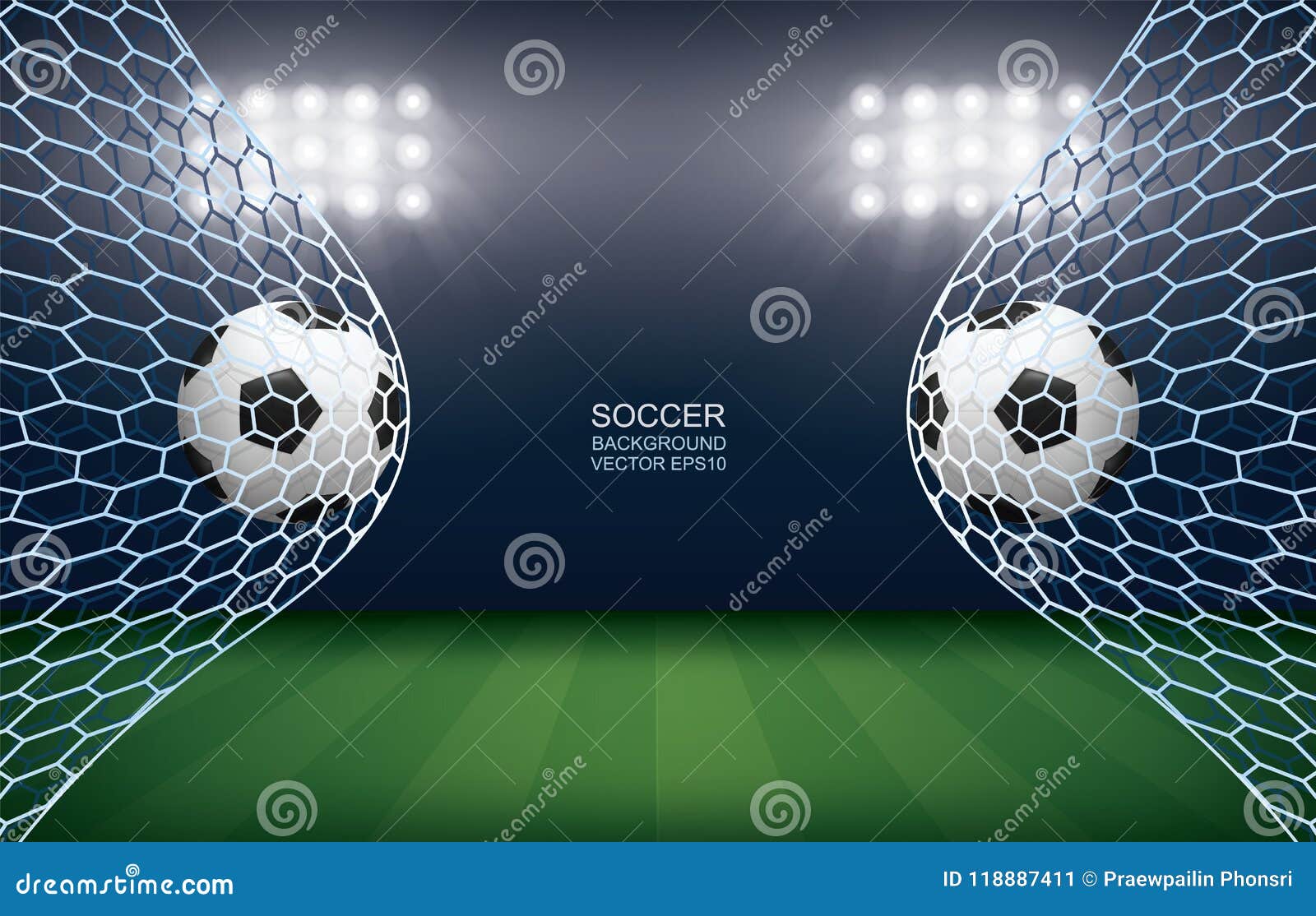 Soccer Football Ball In Soccer Goal With Soccer Field Stadium Background Stock Vector Illustration Of Football Leisure