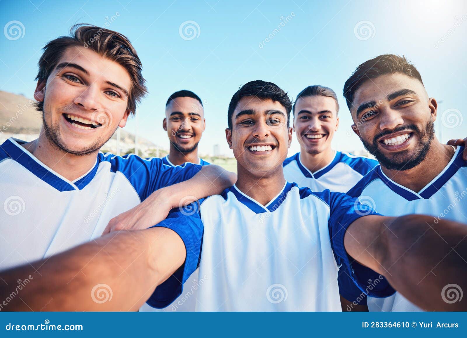Soccer Player Men, Team Selfie and Field for Social Media Post, Memory ...