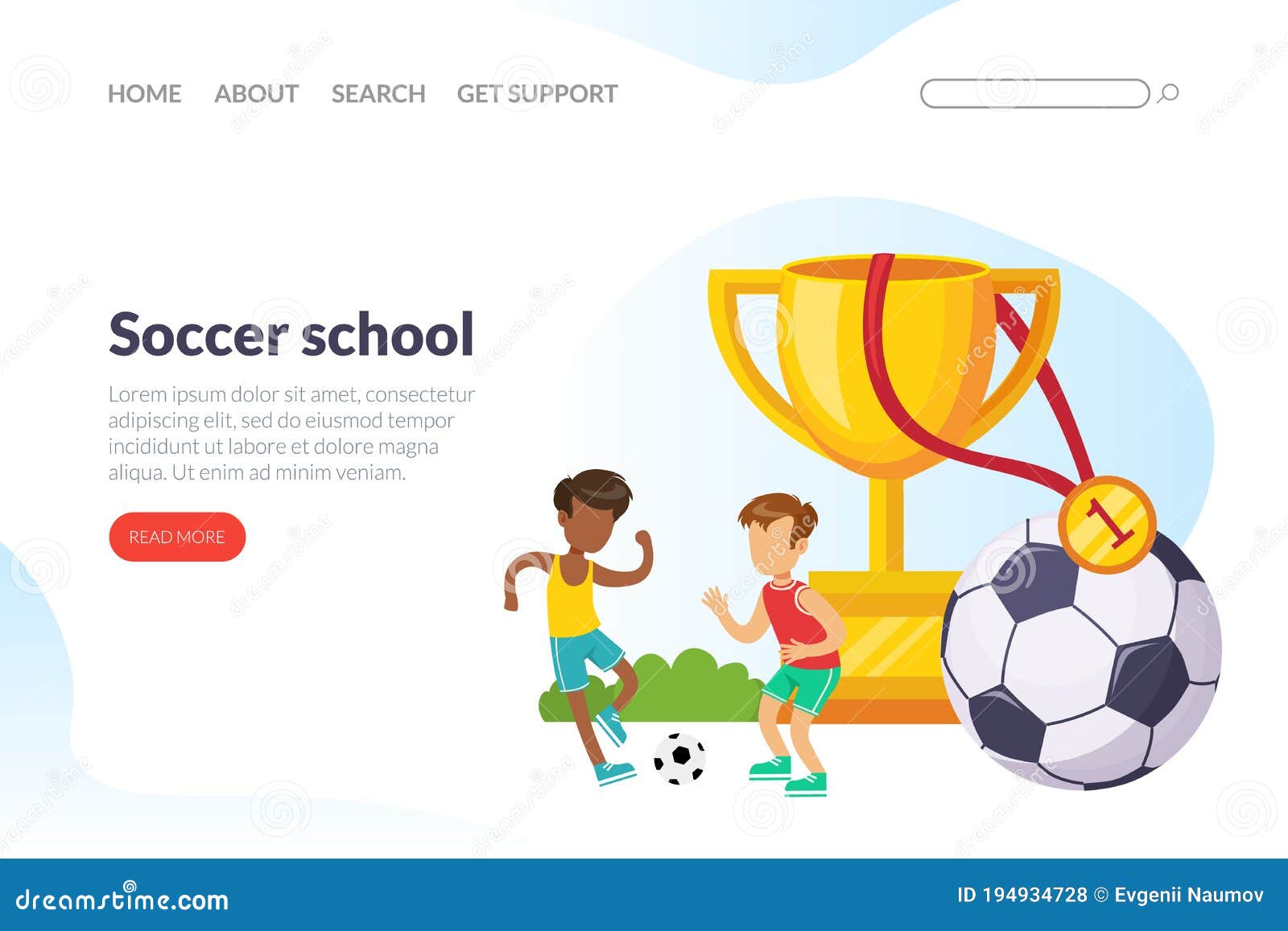 Soccer School Landing Page Template, School Children Sports Activity, Football Academy, Junior Tournament Website Stock Vector