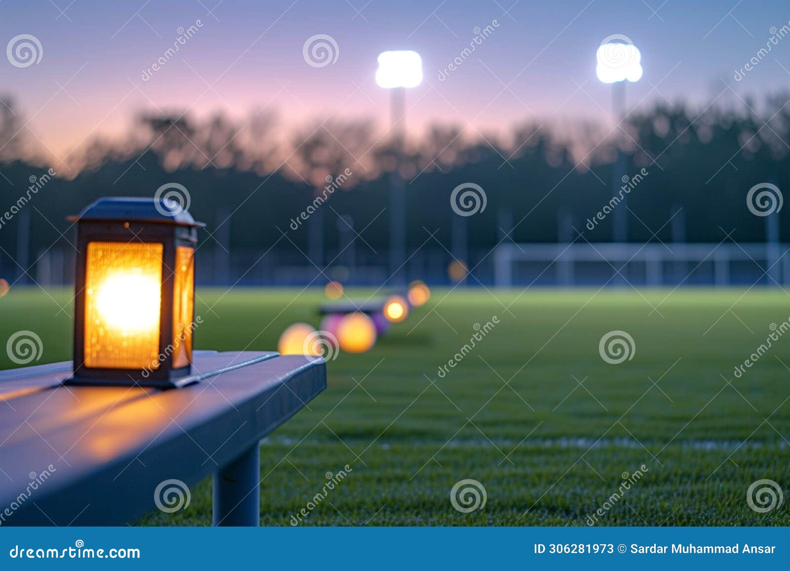 a easter themed soccer stadium at dawn, the early morning light casting a serene glow.