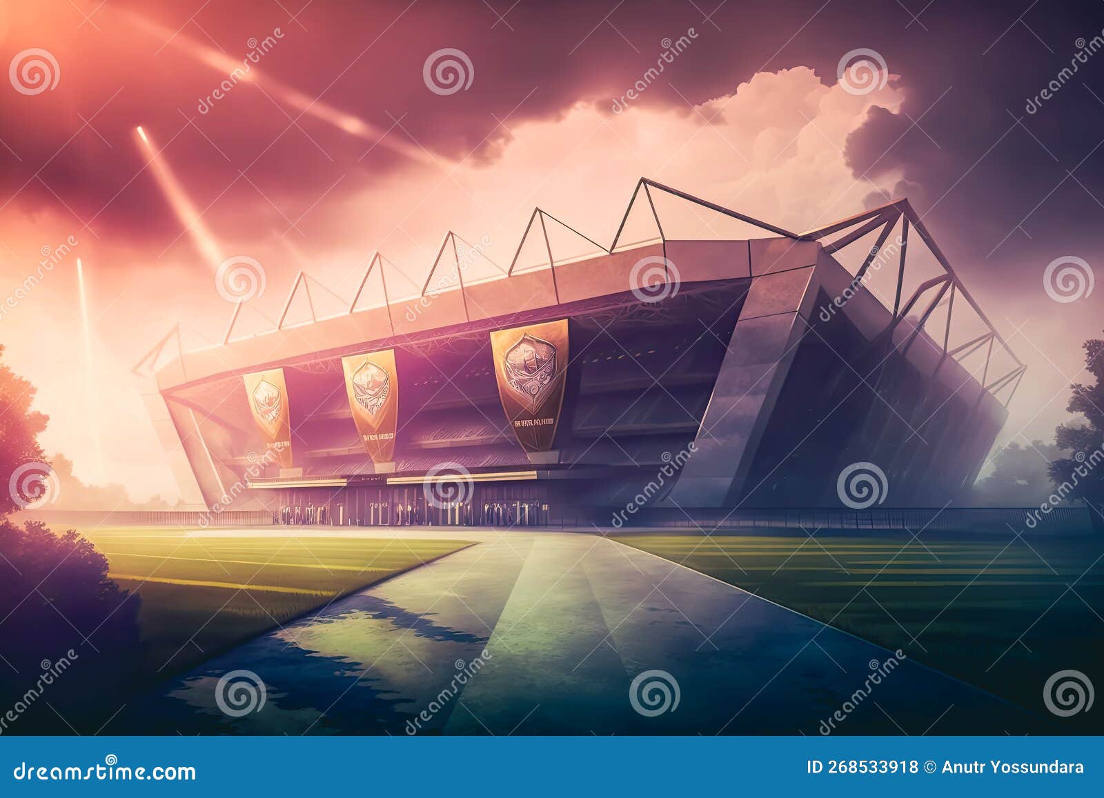 Soccer Stadium Exterior, with Dramatic Lighting, Generative AI Stock